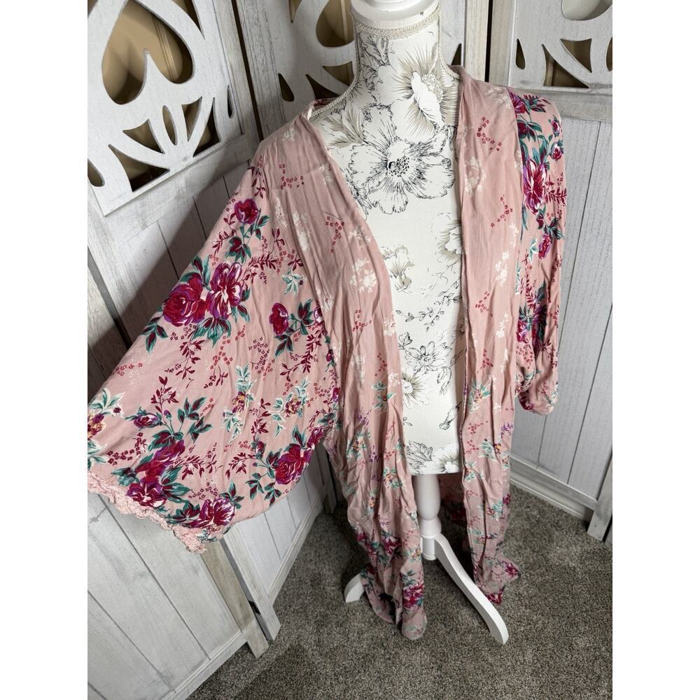 Angie Kimono Duster Floral Pink Crochet Trim Open Boho Hippie Festival Sz Small